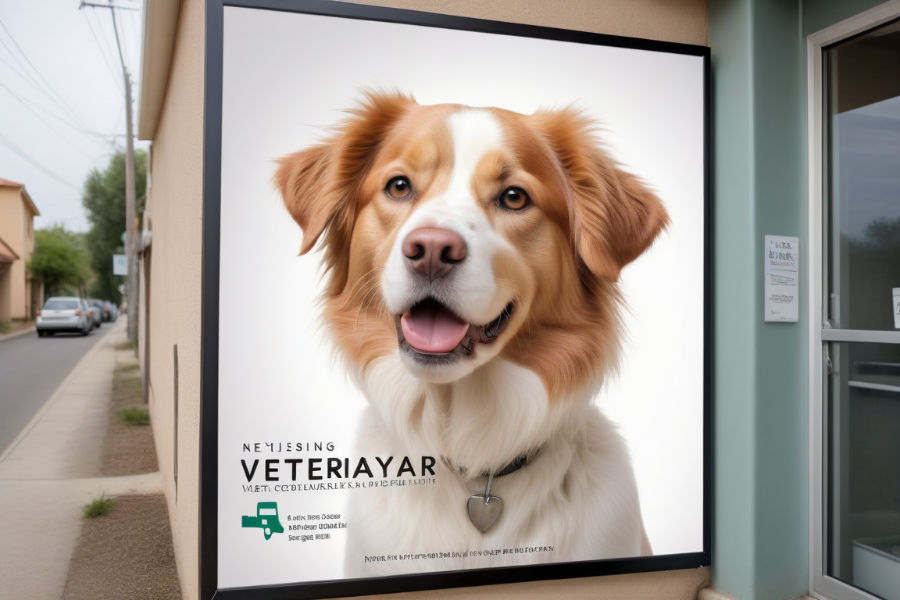 Un cartel de publicidad de una clínica veterinaria con la foto de un perro