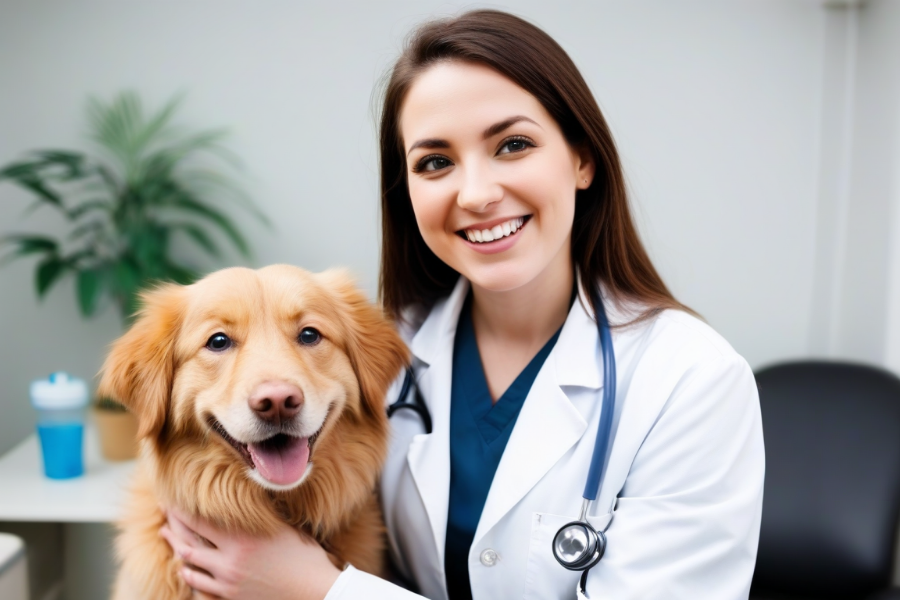 Una veterinaria feliz con su negocio abrazando a un perro