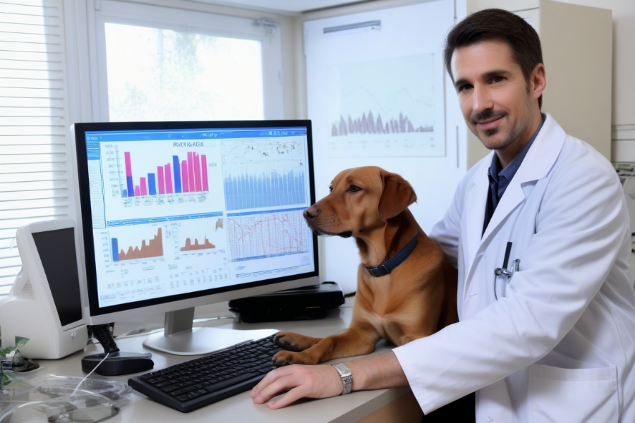 Un veterinario mirando las métricas de su negocio junto con un perro