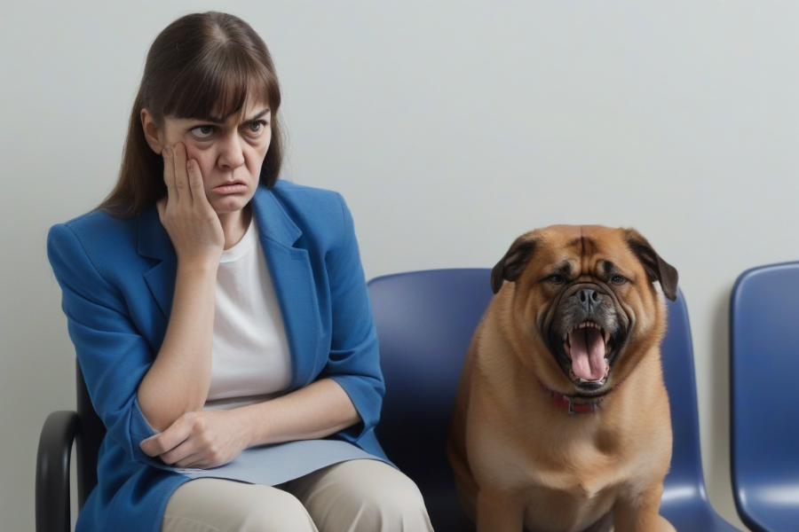 Una mujer enfadada en una sala de espera junto a su perro