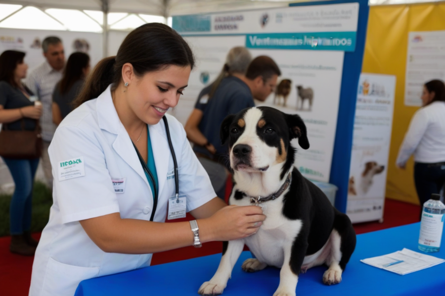 Una veterinaria chequeando un perro en un stand en una feria veterinaria