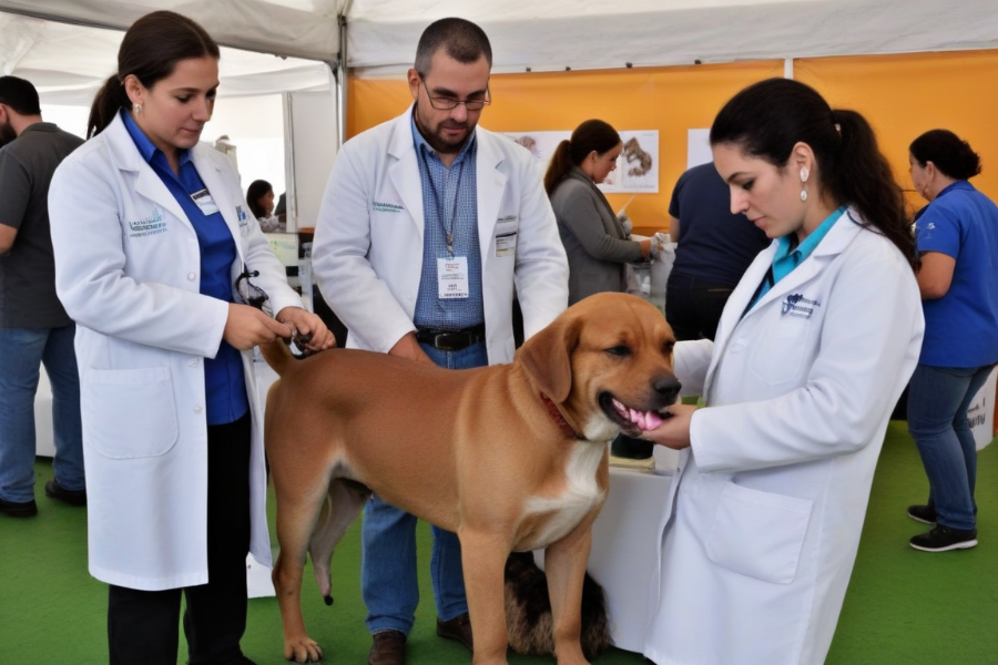 Tres veterinarios están chequeando un perro al que parece que le falta una pierna