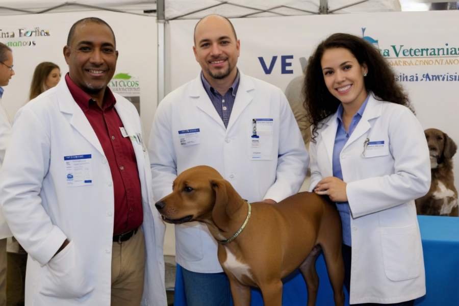 Un grupo de veterinarios posando con un perro en un congreso de medicina veterinaria