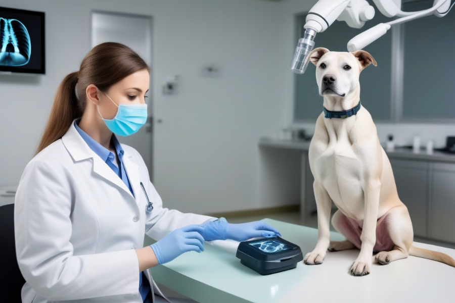 Una doctora veterinaria está chequeando un perro con ayuda de máquinas de IA