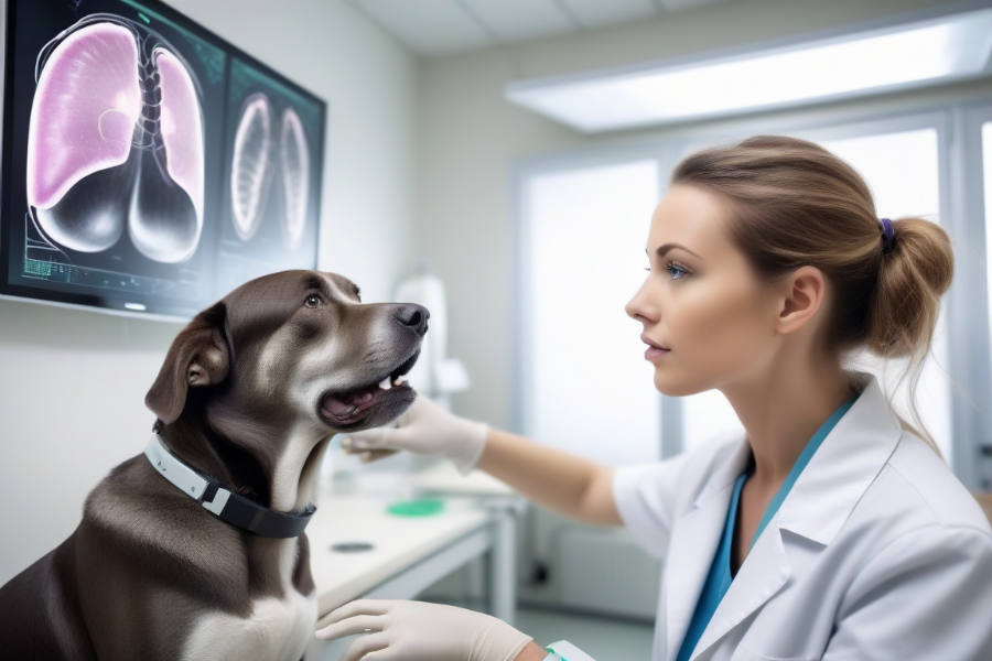 Una doctora veterinaria con un perro mirando un análisis de sus pulmones