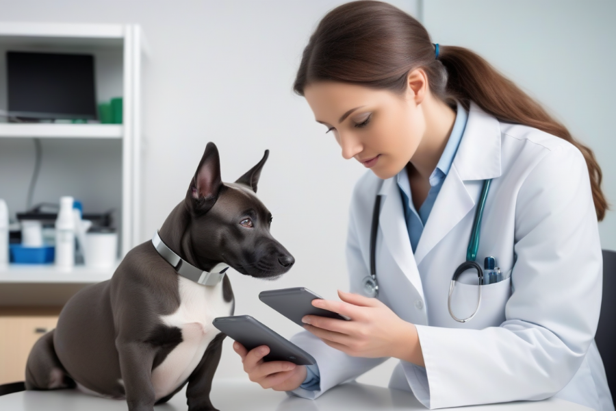 Una doctora veterinaria analizando la salud de un perro con dos dispositivos