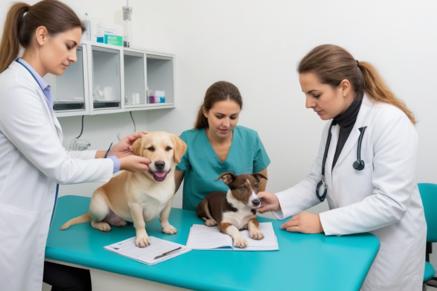 Tres veterinarias chequeando un perro sobre una mesa