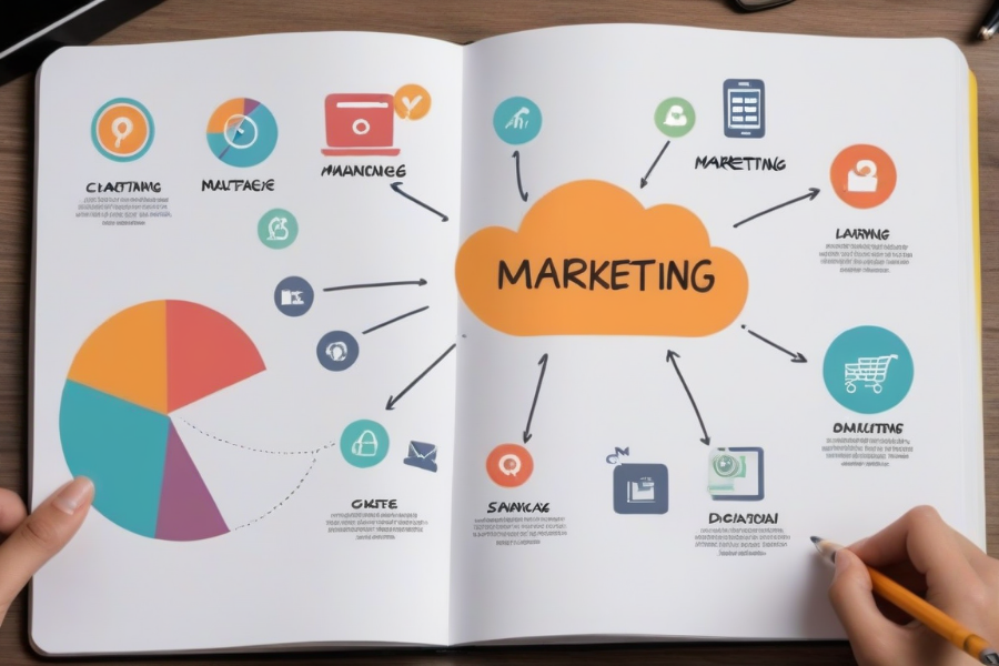 Un cuaderno con un dibujo de un plan de marketing