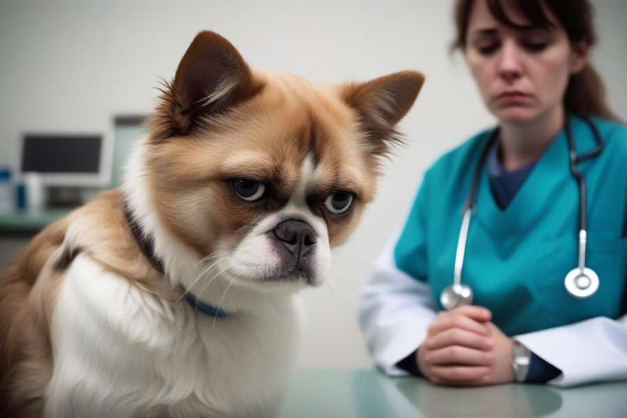 Un perro pequeño con cara triste en la clínica veterinaria