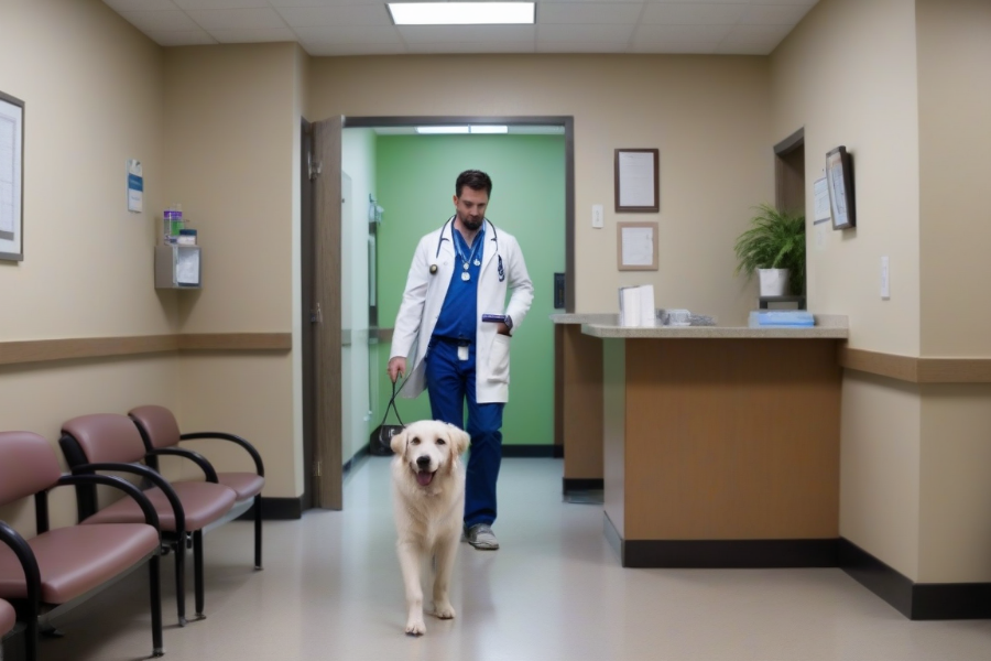 Un veterinario y un perro andando por la clínica veterinaria