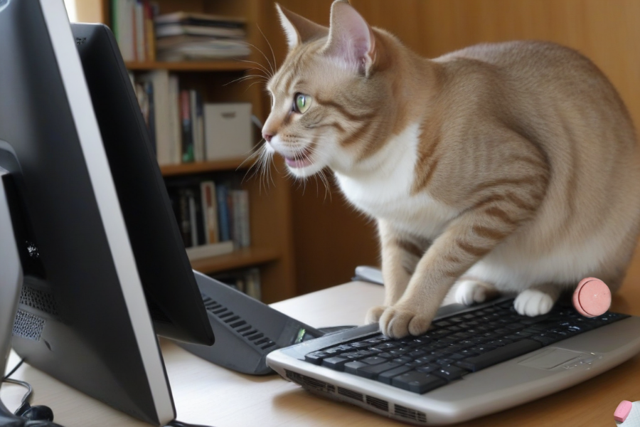 Un gato encima de un teclado mirando la pantalla de un ordenador