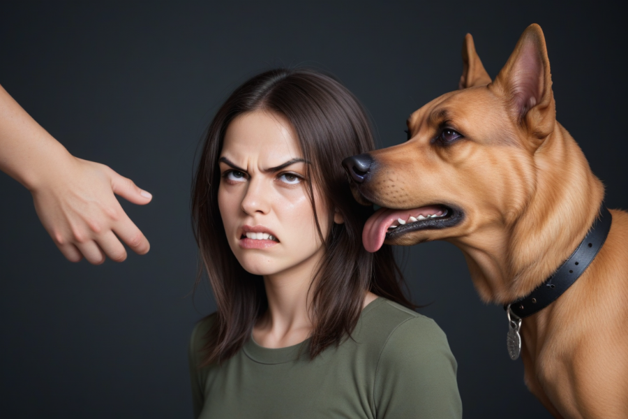 Una chica enfadada junto a su perro también enfadada