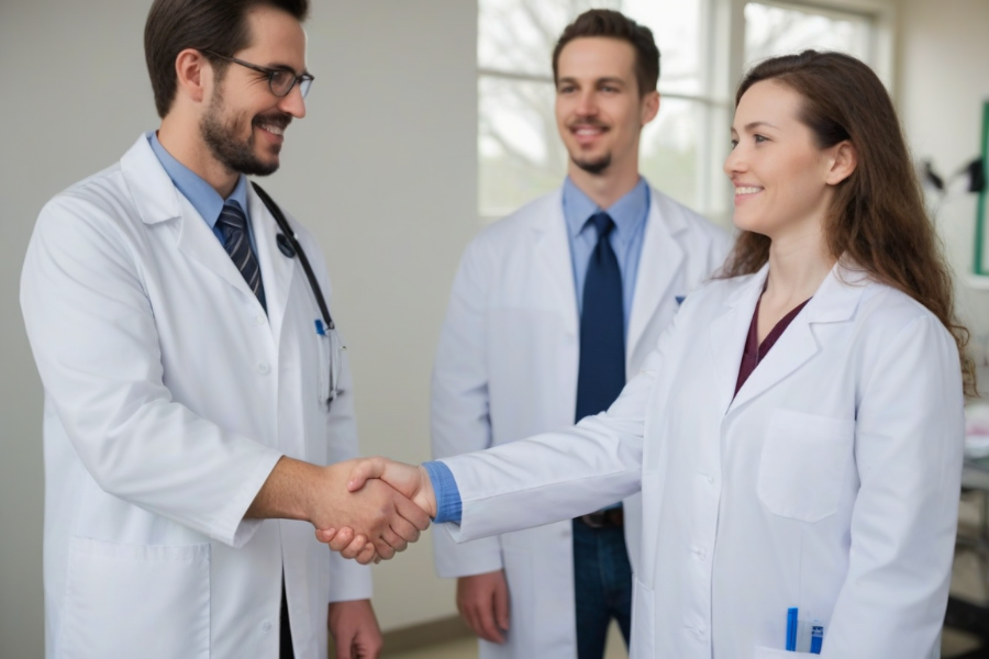 Un grupo de veterinarios llegando a un acuerdo profesional