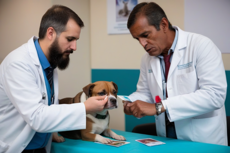 Dos veterinarios haciendo networking mientras ven un perro