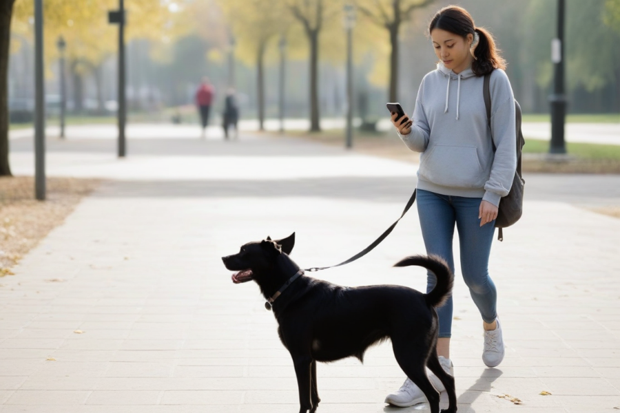 Chica paseando a un perro negro mientras busca veterinario en el teléfono móvil