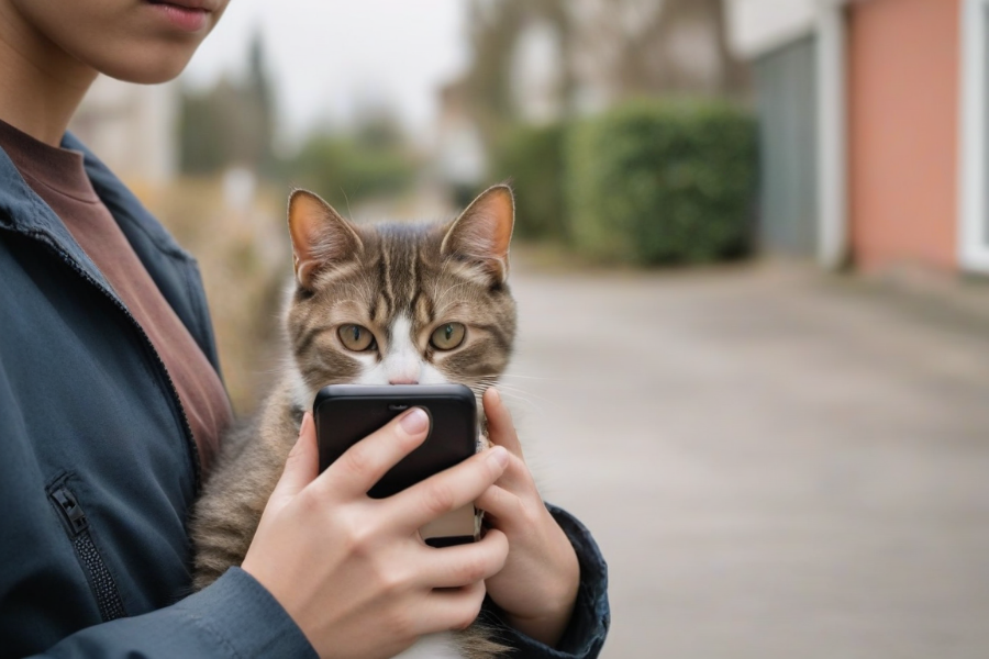 Una chica con un gato en brazos mirando el teléfono móvil