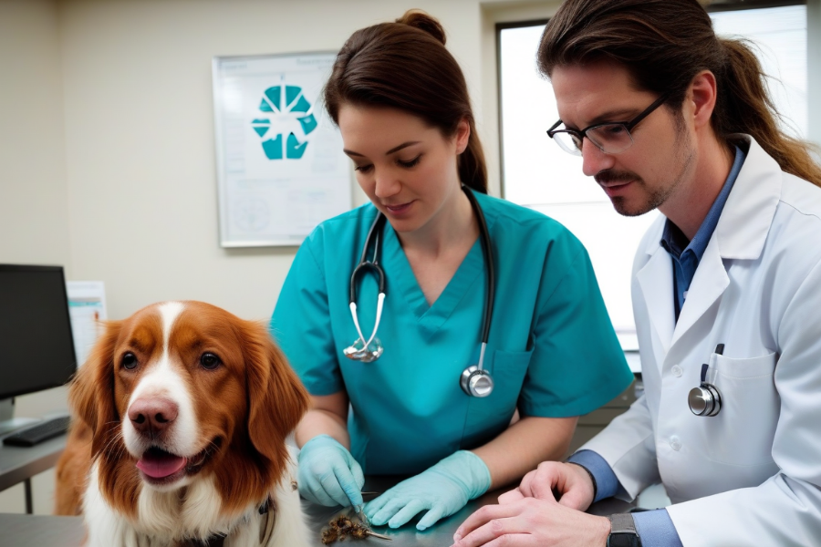 Un veterinario y una veterinaria con uniformes diferentes trabajando juntos