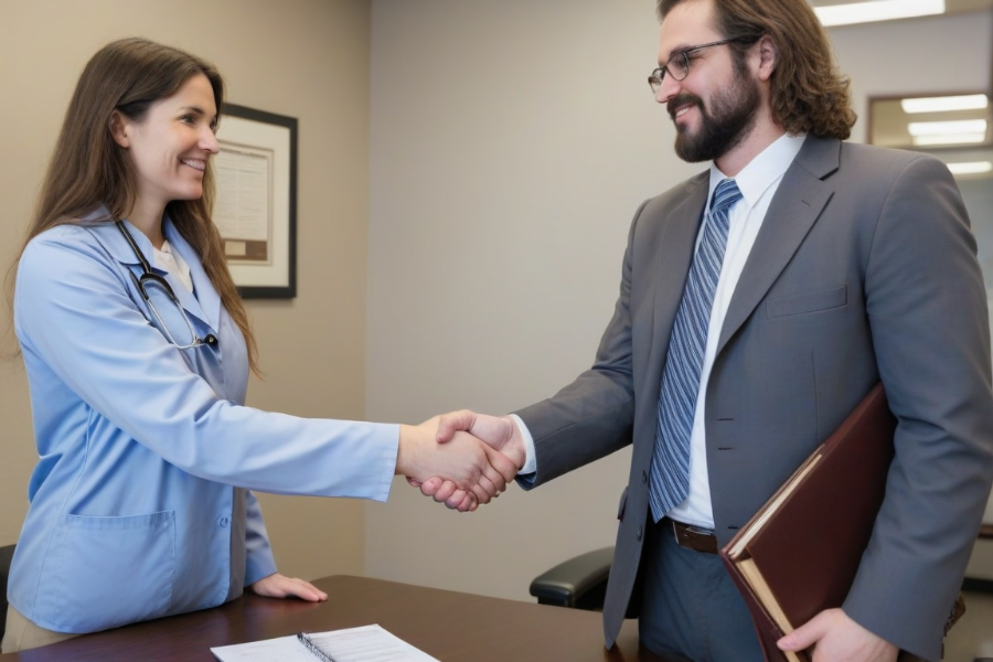 Una veterinaria dando la mano a un consultor