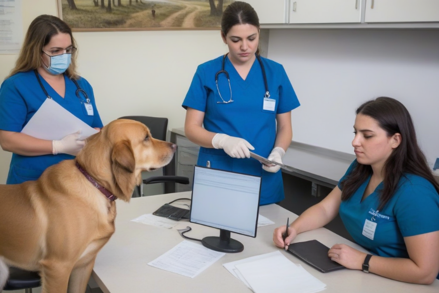 Tres doctoras veterinarias con un perro