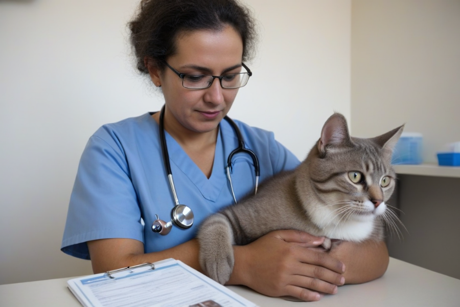 Una mujer veterinaria especialista con un gato gris