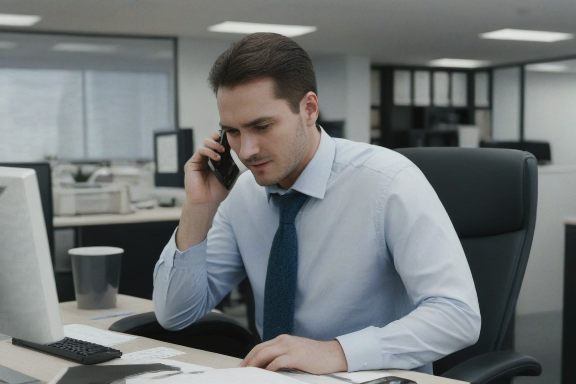 Un consultor hablando por teléfono en su mesa