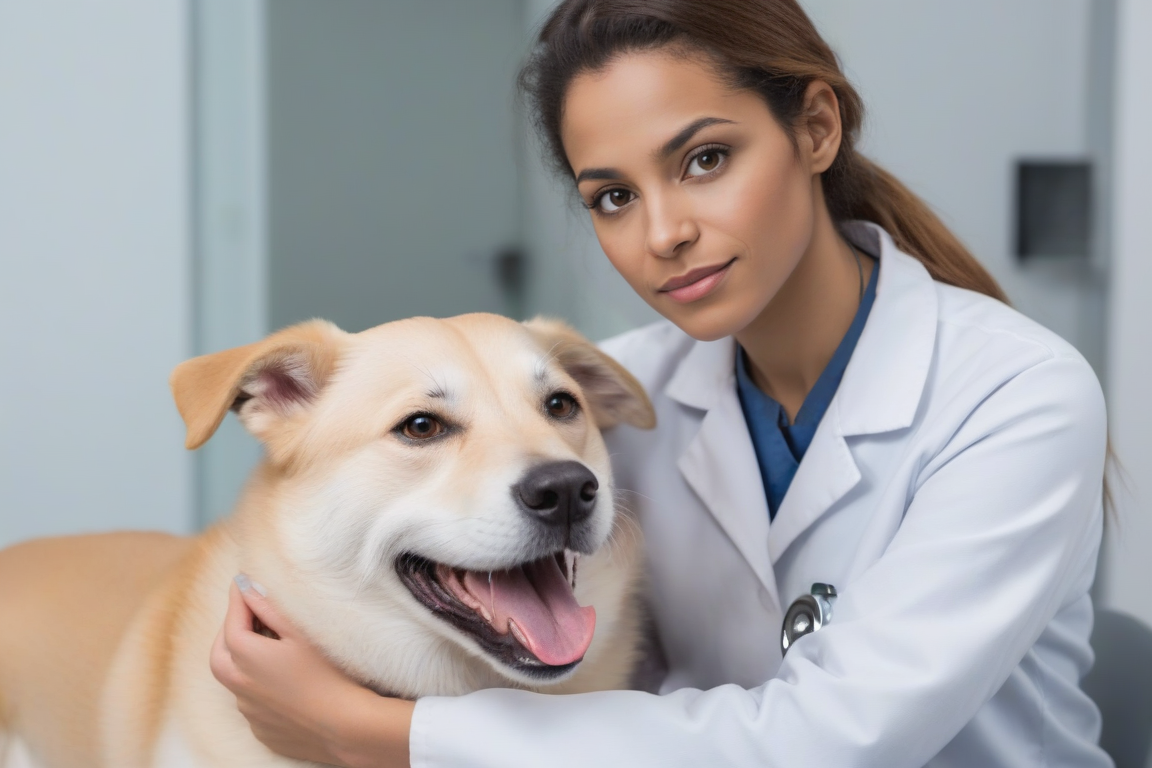 Una doctora feliz con un perro marrón feliz