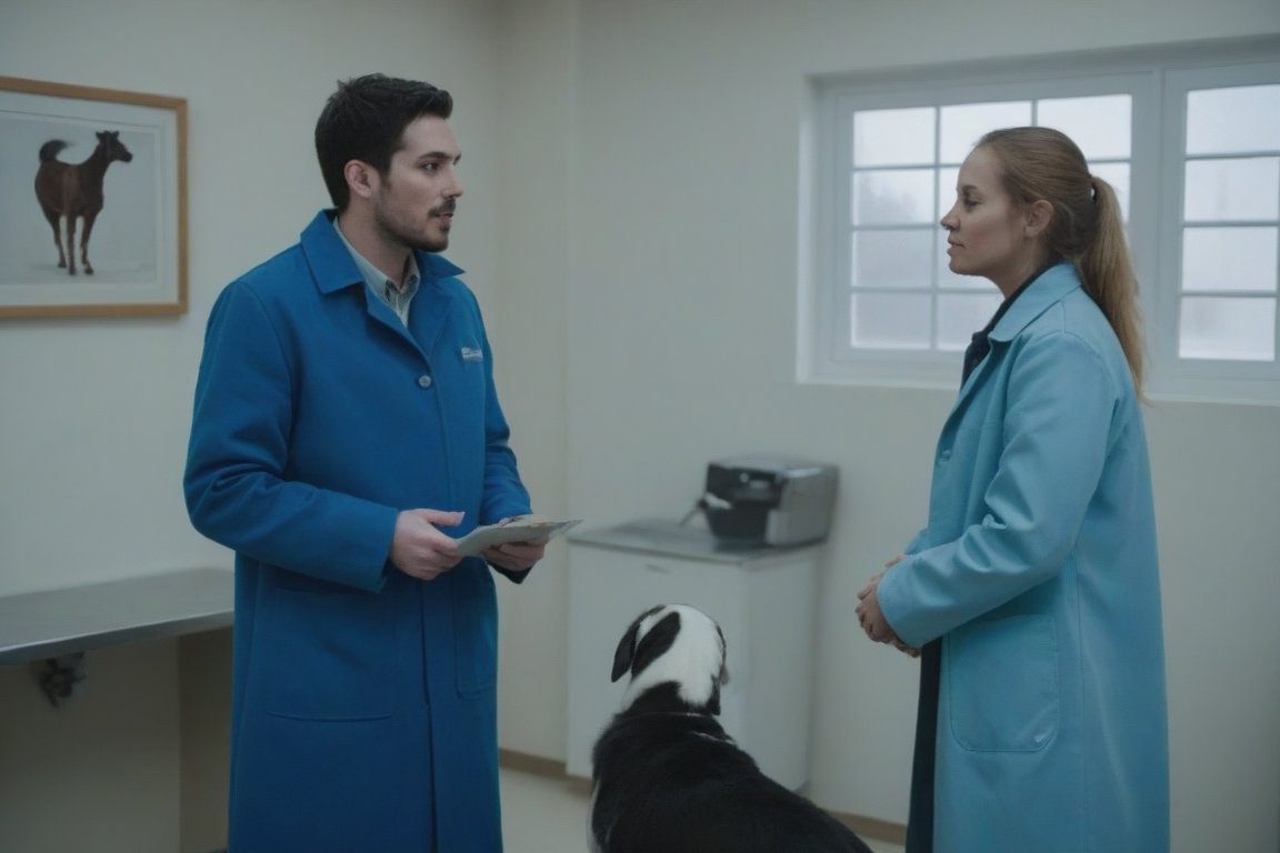 Una doctora veterinaria hablando con un hombre con un abrigo azul