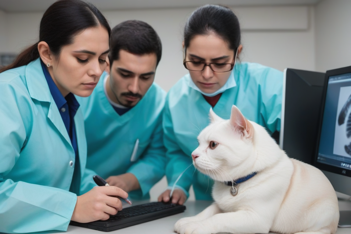 Tres veterinarios están consultando en el ordenador junto a un gato blanco