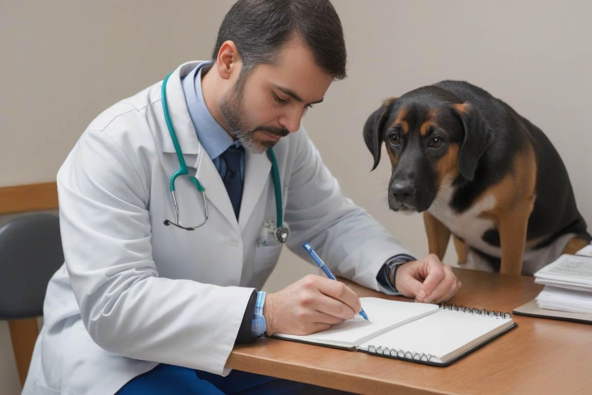 Un doctor veterinario está escribiendo en un cuaderno junto a un perro