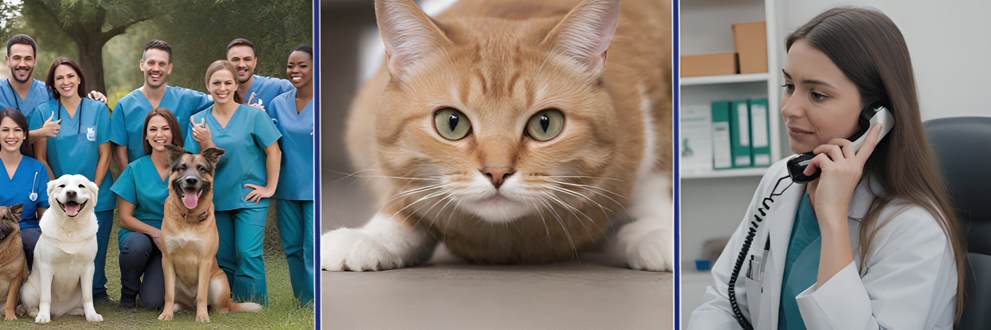 Imágenes de veterinarios felices, una veterinaria hablando por teléfono y un gato