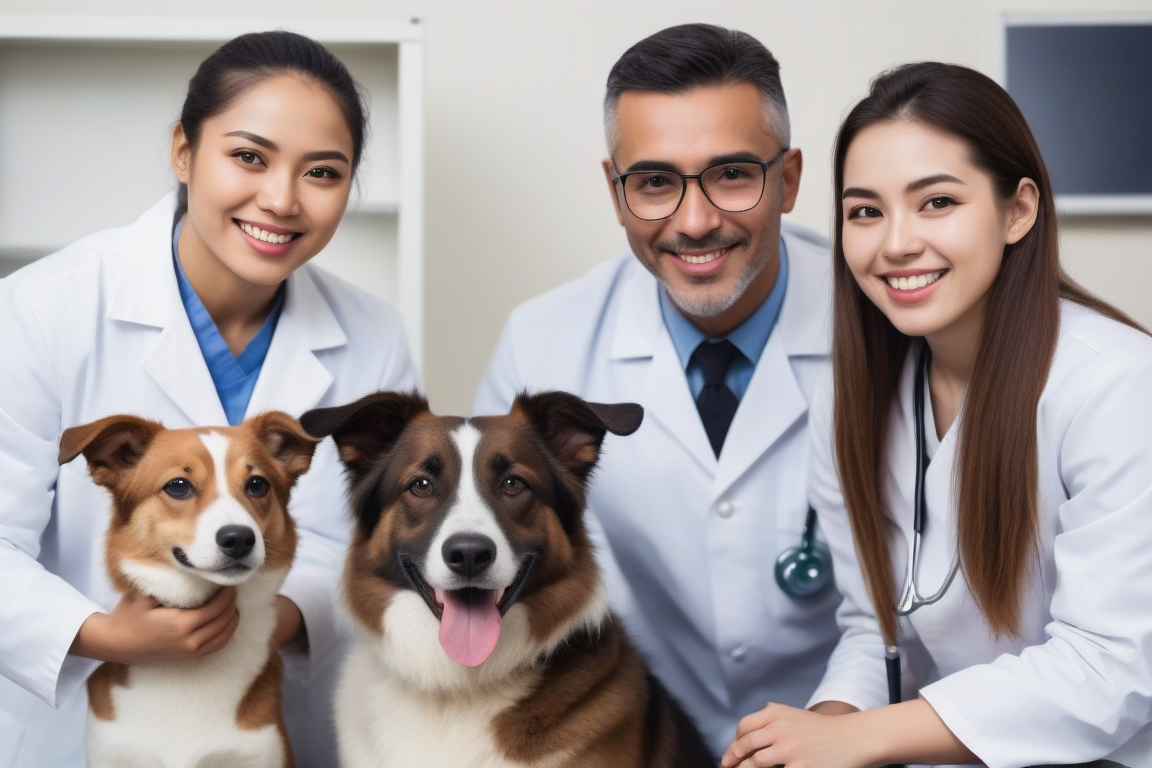 Tres veterinarios con dos perros