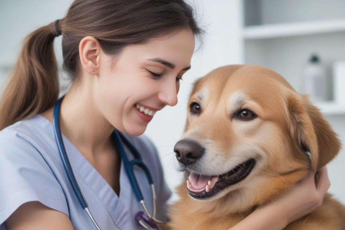 Doctora veterinaria y perro sonriendo