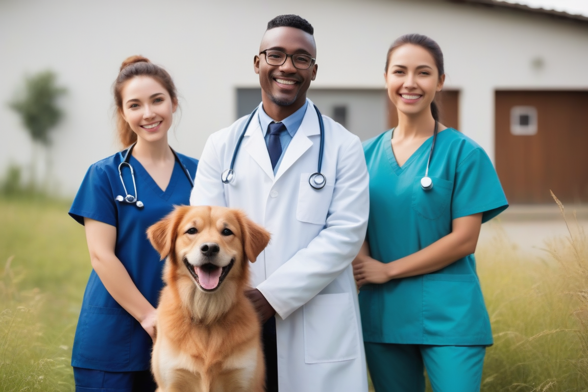 Grupo de veterinarios con un perro en el jardín